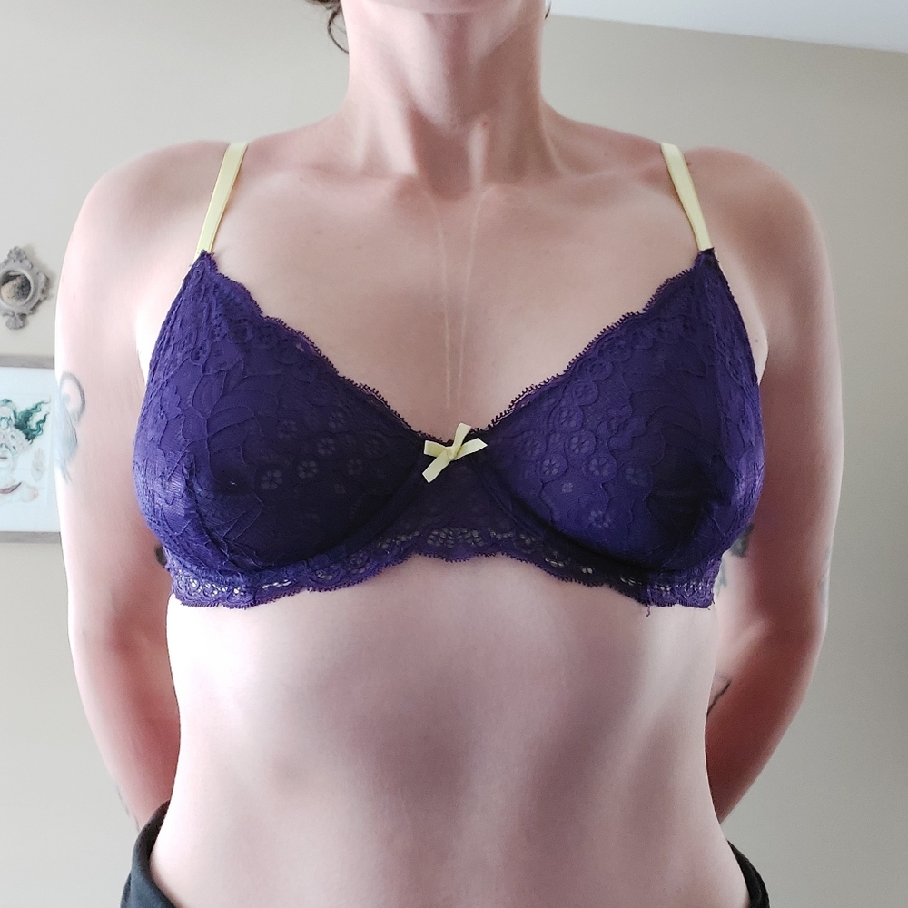 Purple lace bra with neon green straps